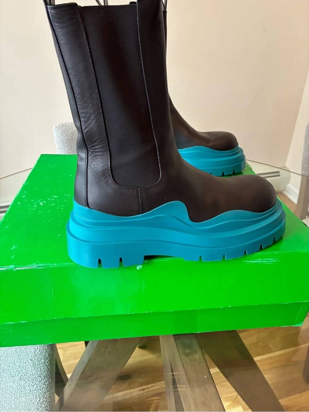 Bottega Veneta Black Leather Boots with Turquoise Platform Soles